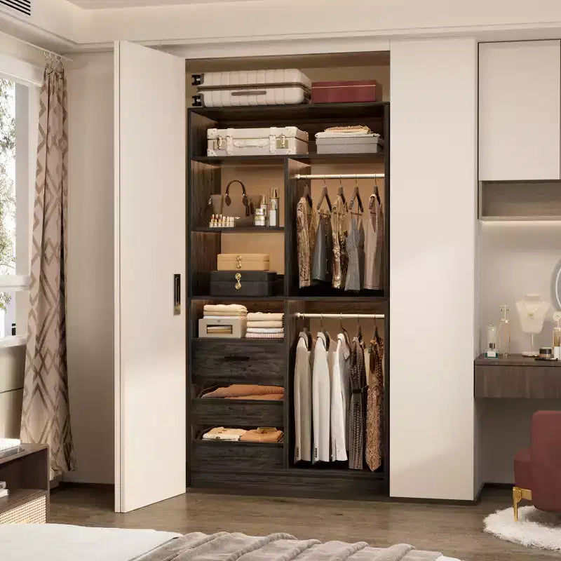 Closet Organizer with Wood Drawers, Freestanding Closet System with Hanging Rods