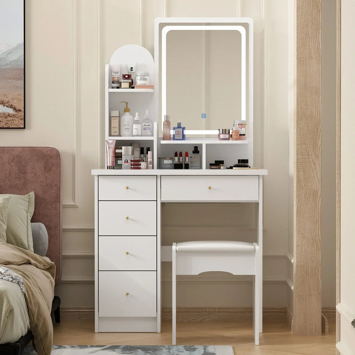 Makeup Vanity Set Table With LED Light &Mirror & Stool