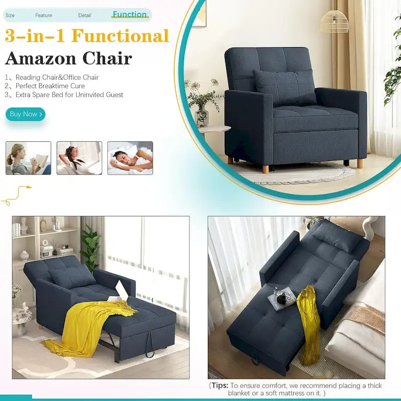 AECOJOY 3 in 1 Sleeper Sofa Chair w/ Pillow &Convertible Backrest