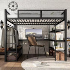 Bellemave Queen Metal Loft Bed with Desk, Storage Shelves & Hanging Rod, Space-Saving Loft Bed Frame with Guardrails & Ladder, No Box Spring, Black