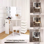 Corner Makeup Vanity Desk with Lights, Dressing Table with Power Outlet and Rotating Drawers for Bedroom