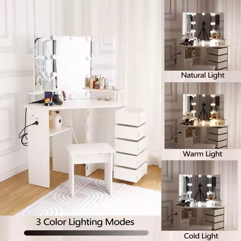Corner Makeup Vanity Desk with Lights, Dressing Table with Power Outlet and Rotating Drawers for Bedroom