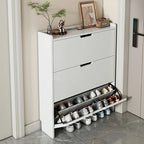 3-Tier White Wood Shoe Cabinet with Drop Front