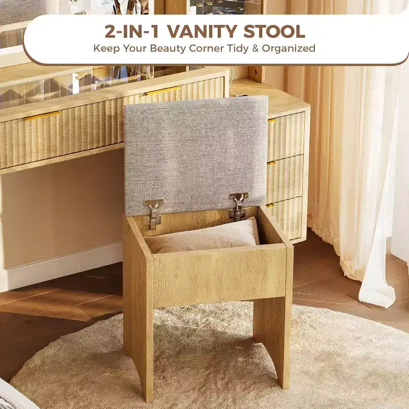 48 Fluted Makeup Vanity Desk with Mirror & LED Lights, Charging Station, Cushioned Storage Stool for Bedroom