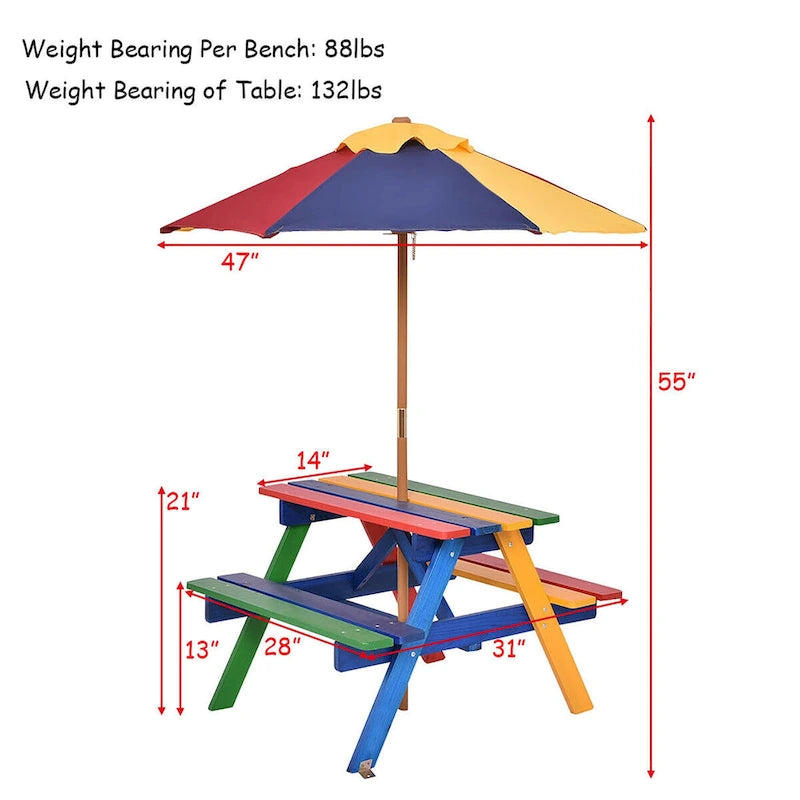 Costway 4 Seat Kids Picnic Table w/Umbrella Garden Yard Folding