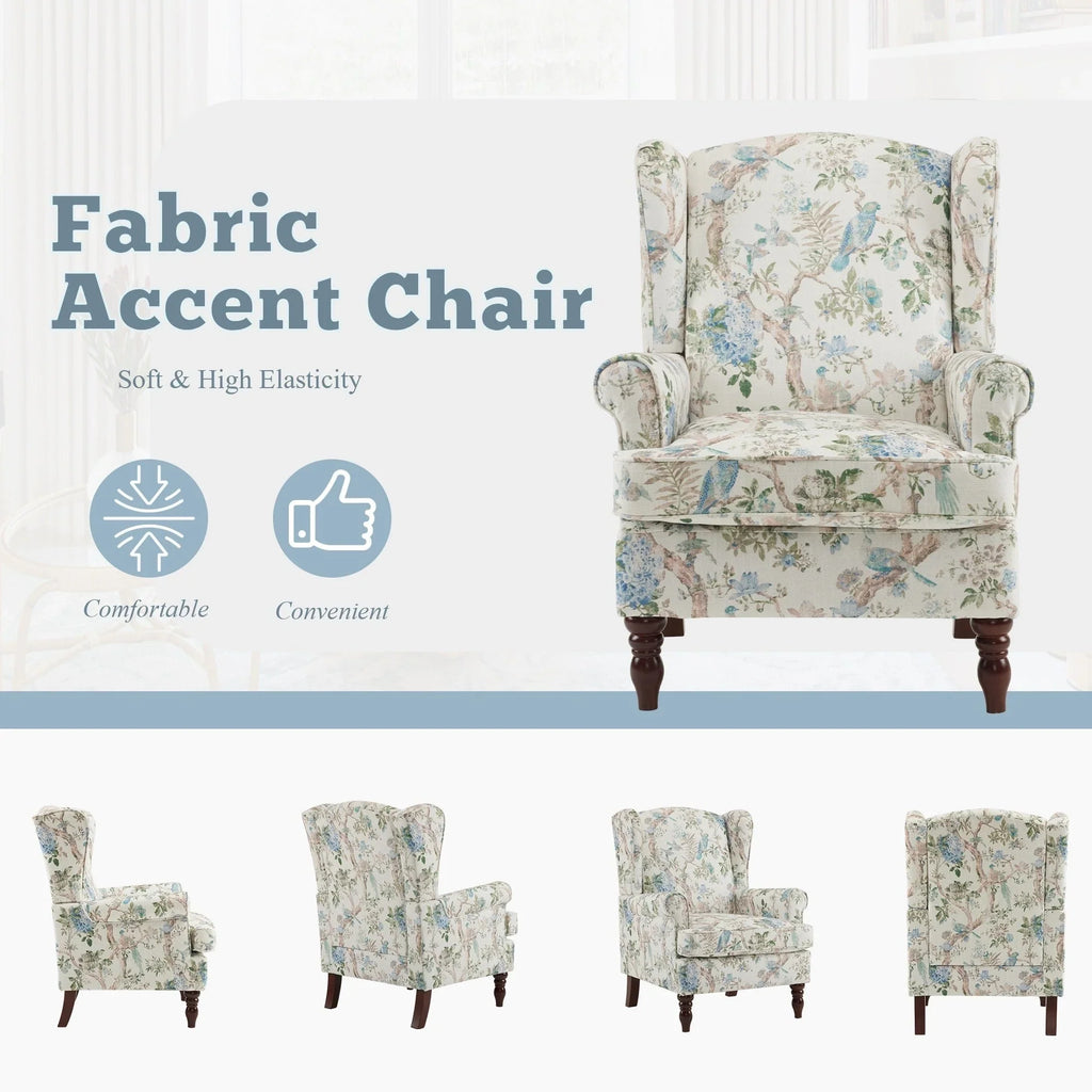 Erommy Modern Accent Chair, High Back Armchair, Upholstered Fabric Button Single Sofa with Wooden Legs for Living Room
