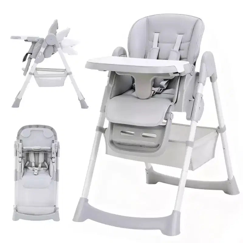 Foldable High Chair for Babies&Toddlers,PU Leather Highchair with Adjustable Backrest,Seat Height,Removable Tray,5-Point Safety Harness&Locking Wheels