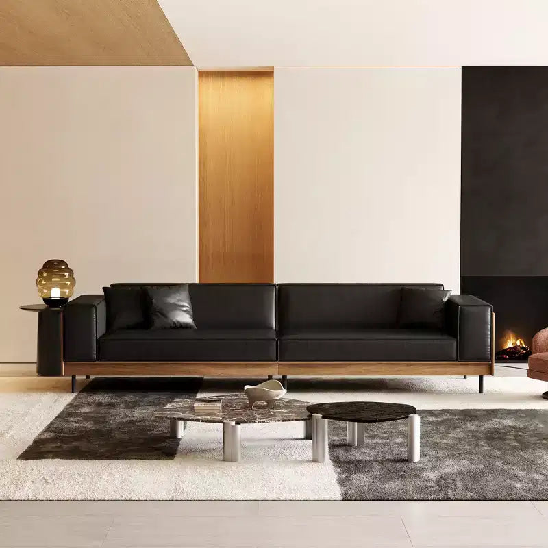 98.42 Contemporary Leather Sofa Couch with Solid Wood Frame, Metal Legs and 3 Accent Pillows
