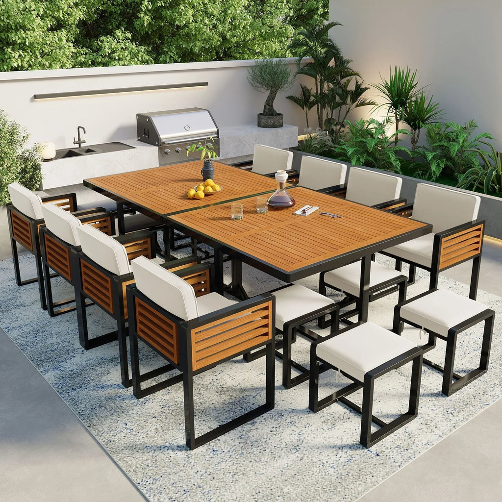 18-Pieces Acacia Wood Patio Dining Set, 8 Cushioned Chairs & 8 Ottomans & 2 Square Table