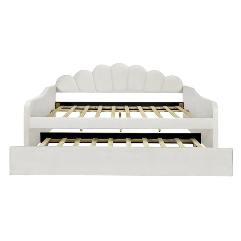 Full Size Upholstered Daybed with Shell Backrest and Trundle