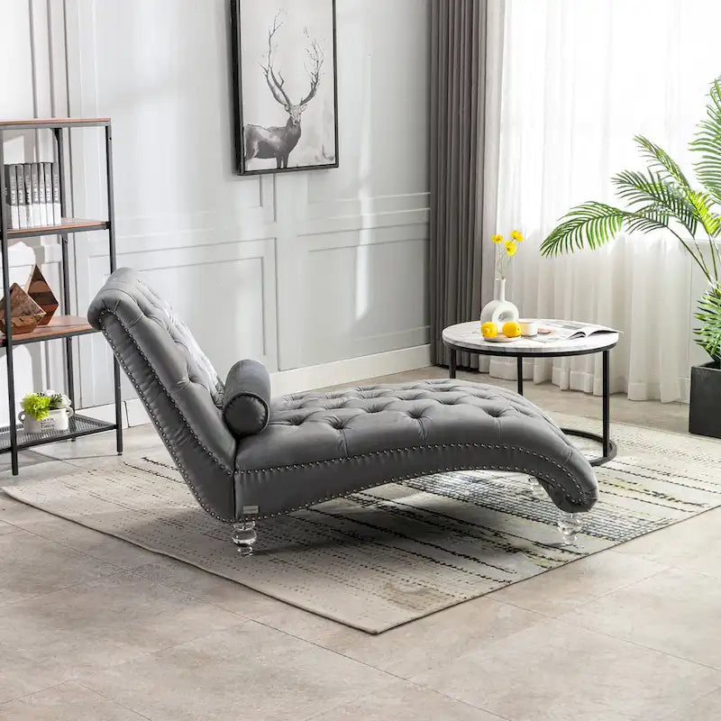 Button-Tufted Upholstered Velvet Recliner Chaise with Pillow and Acrylic Feet