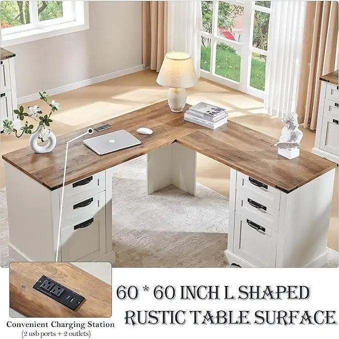 60 Farmhouse L Shaped Executive Desk, Wood Corner Desk, Computer Desk