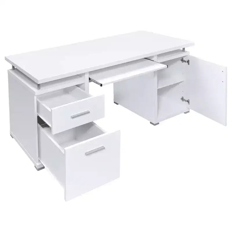 55 Wooden Writing Desk with 2 Drawers, 1 Cabinet, 1 Open Shelf and Door for Home Office or Study