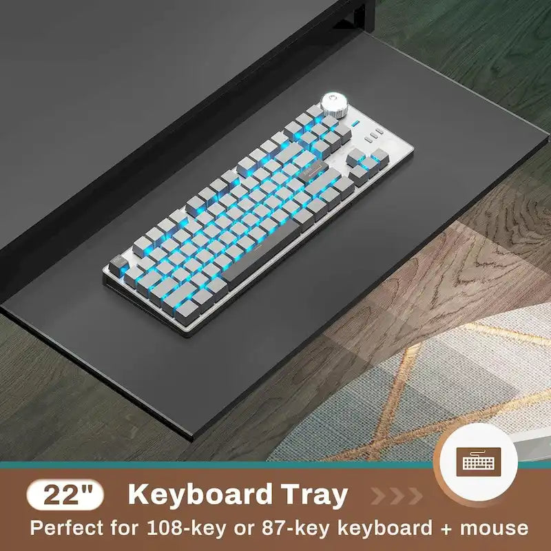 L Shaped Computer Desk Gaming Desk Keyboard Tray Power Outlets & LED
