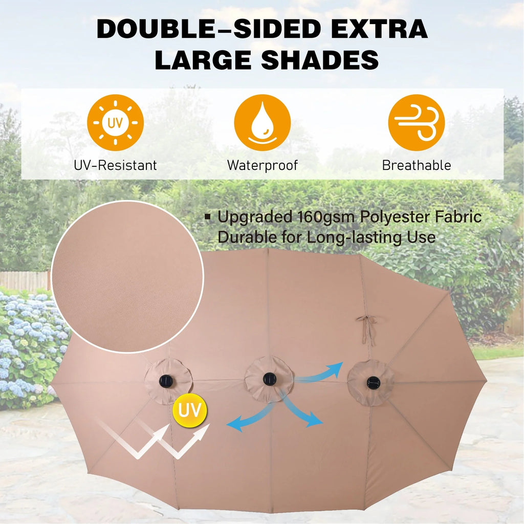 15-foot Rectangular Crank Double-sided Outdoor Market Umbrella Solar LED Lighted Patio Umbrella with Base Included