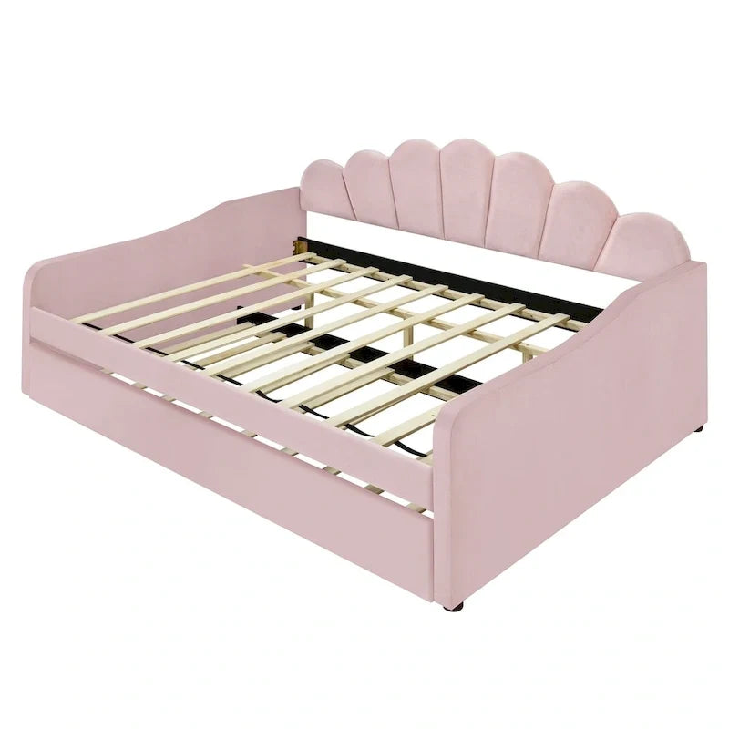 Full Size Upholstered Daybed with Shell Backrest and Trundle