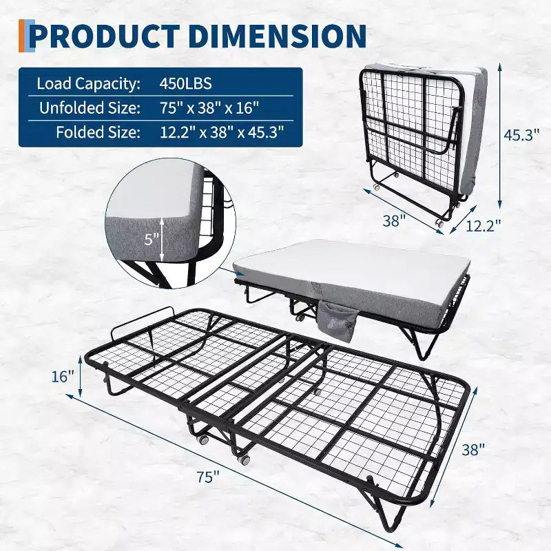 Folding Bed with Mattress for Adults,Portable Rollaway Guest Beds , Foldable Metal Frame Bed with 5 Memory Foam Mattress & Side Storage Pocket