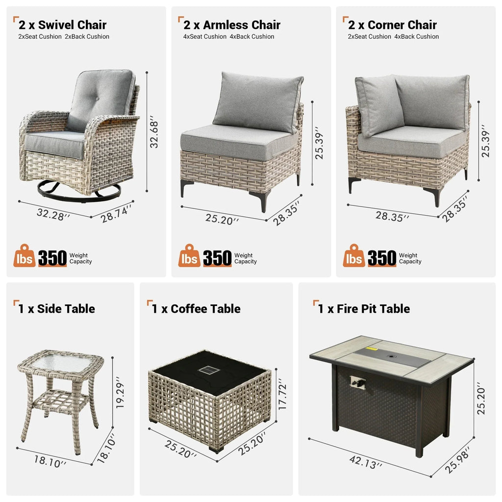 OVIOS 9 Pieces Outdoor Wicker Swivel Chair Set With Fire Table