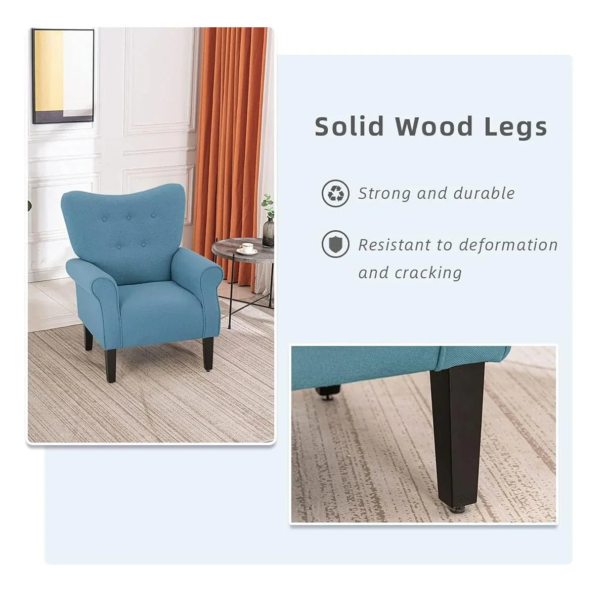 Erommy Modern Accent Chair, High Back Armchair, Upholstered Fabric Button Single Sofa with Wooden Legs for Living Room