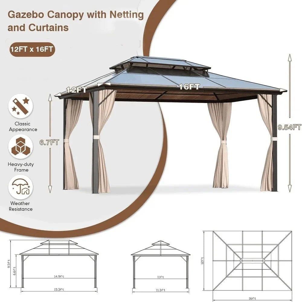 EROMMY Hardtop Gazebo,Outdoor Pergola with Double Roof & Netting & Curtains,Heavy Duty Canopy for Patio, Backyard, Pool party