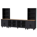 Black + Dark Walnut Farmhouse TV Entertainment Center with Bookshelves & Tempered Glass Doors for TVs Up to 70
