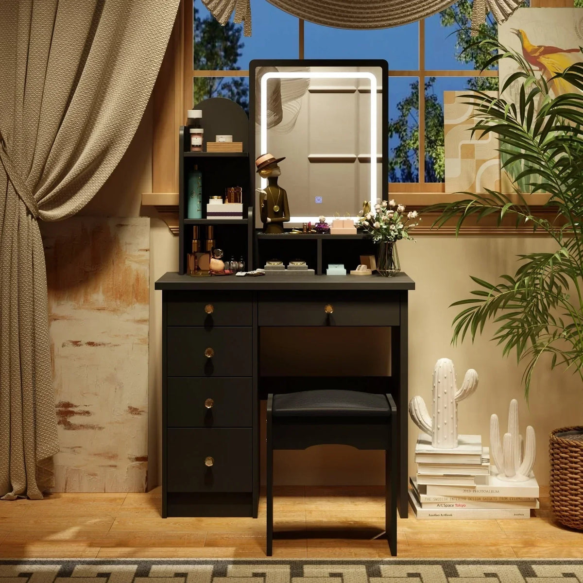 Makeup Vanity Set Table With LED Light &Mirror & Stool