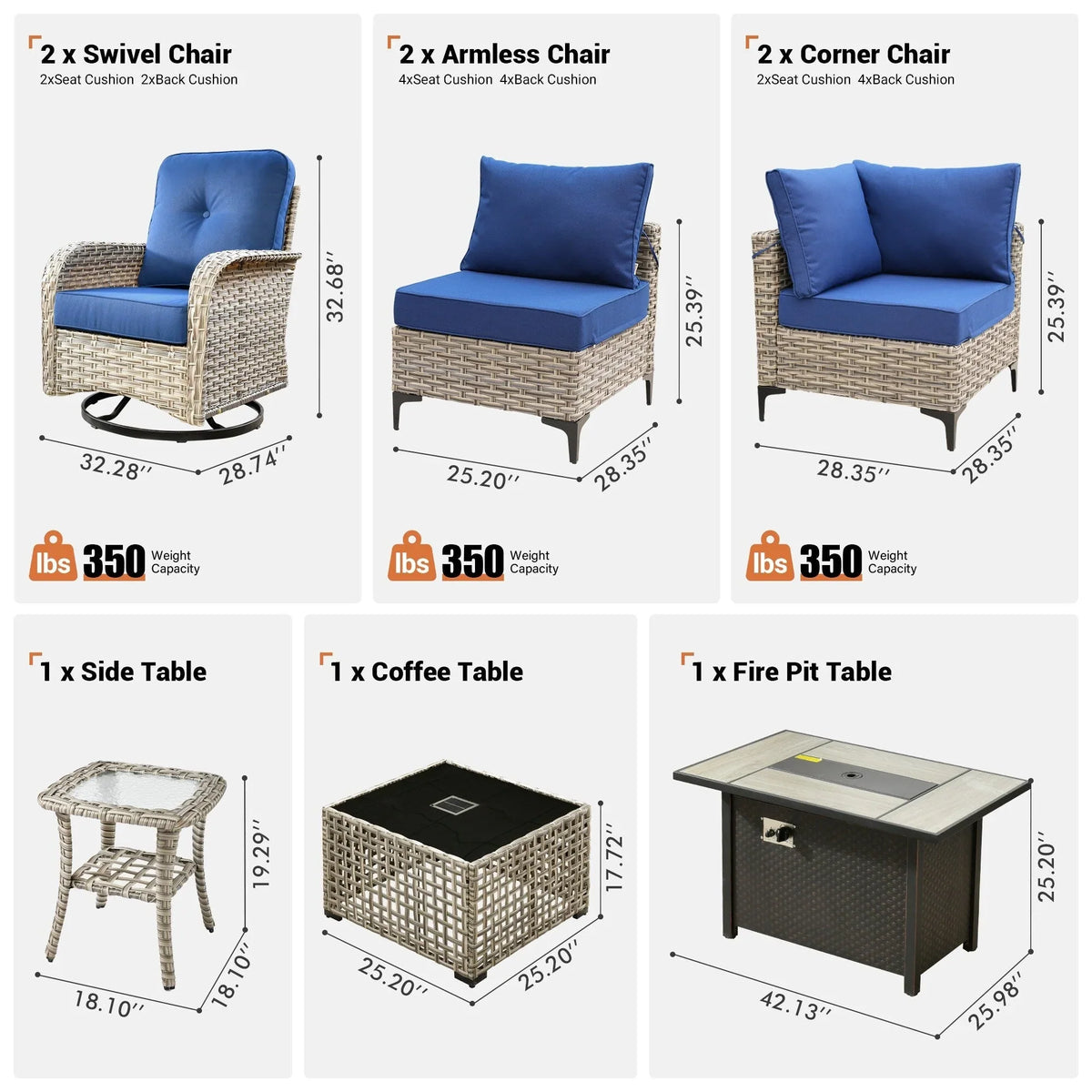 OVIOS 9 Pieces Outdoor Wicker Swivel Chair Set With Fire Table