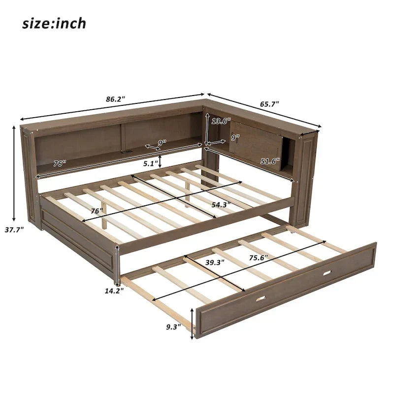 Full Daybed with Shelves, USB Charging, LED Lights & Twin Trundle