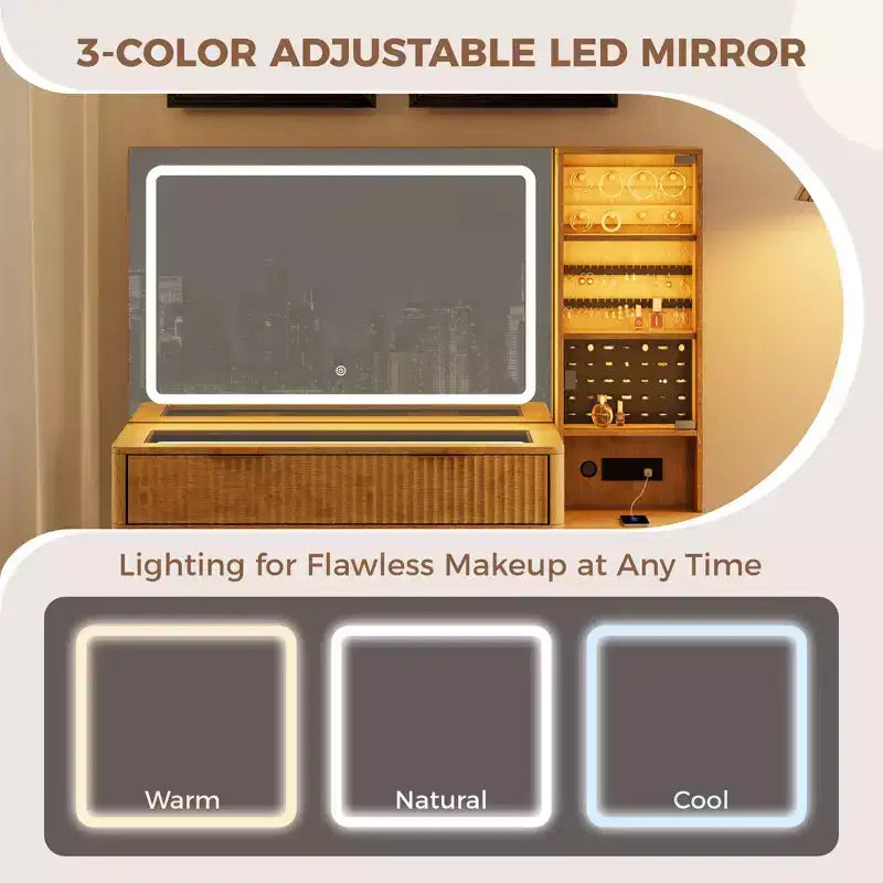 48 Fluted Makeup Vanity Desk with Mirror & LED Lights, Charging Station, Cushioned Storage Stool for Bedroom