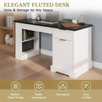 GDFStudio Haoran 55 Modern Fluted Office Desk with Power Outlet, Keyboard Tray, Door and Drawers