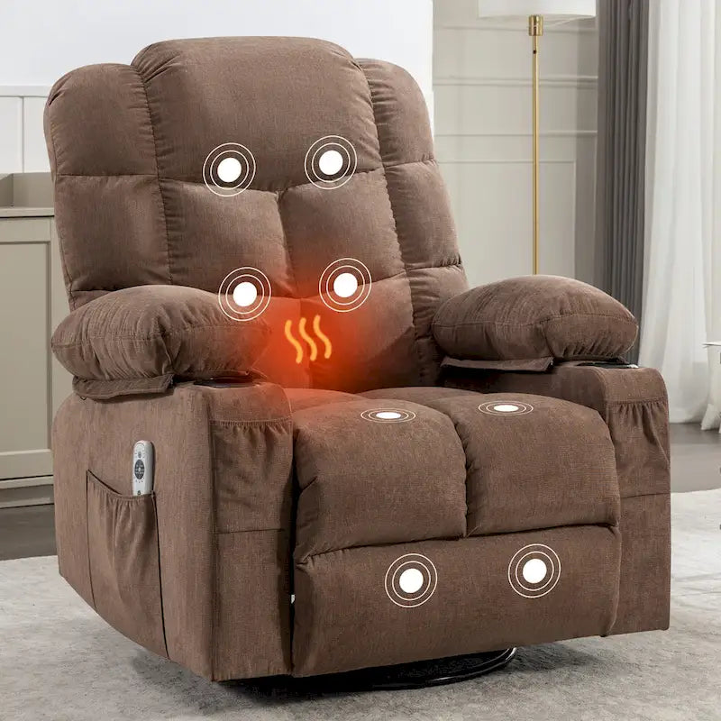 Grey Oversized Recliner with Heat and Massage, 150 Recline, 30 Rocking, USB Charging, and 2 Cup Holders