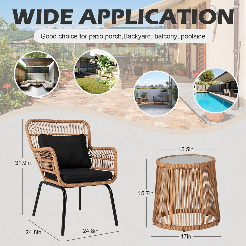 3 Piece Outdoor Wicker Conversation Bistro Set, All-Weather Rattan Furniture Patio Chairs Set with Cushions