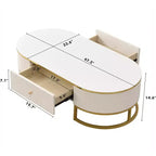47W Modern Coffee Table Cocktail Table Center Table Accent Table with Drawers, Curved Profile Design, Gold Metal Leg, Oval, White+Gold-ModernLuxe