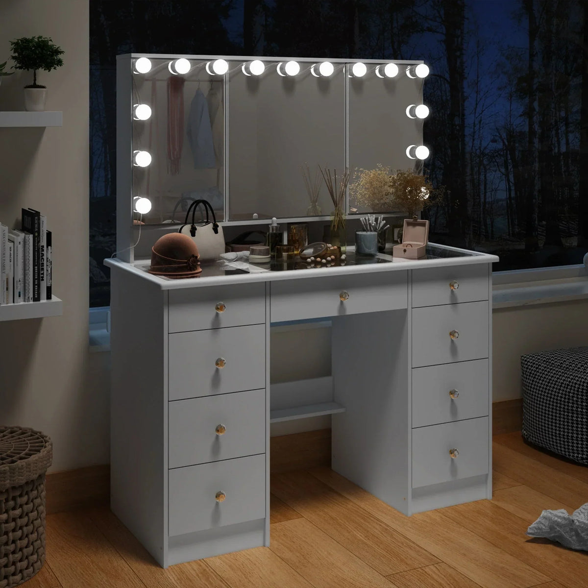 Makeup Vanity w/Tri-Fold Mirror Certified Lighting Glass Top Dresser