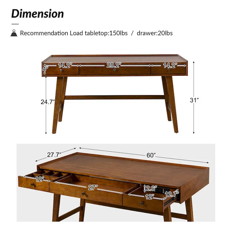 Eugenia Mid-century Office Desk with Drawer Divider&Cable Management&Charging Station by HULALA HOME