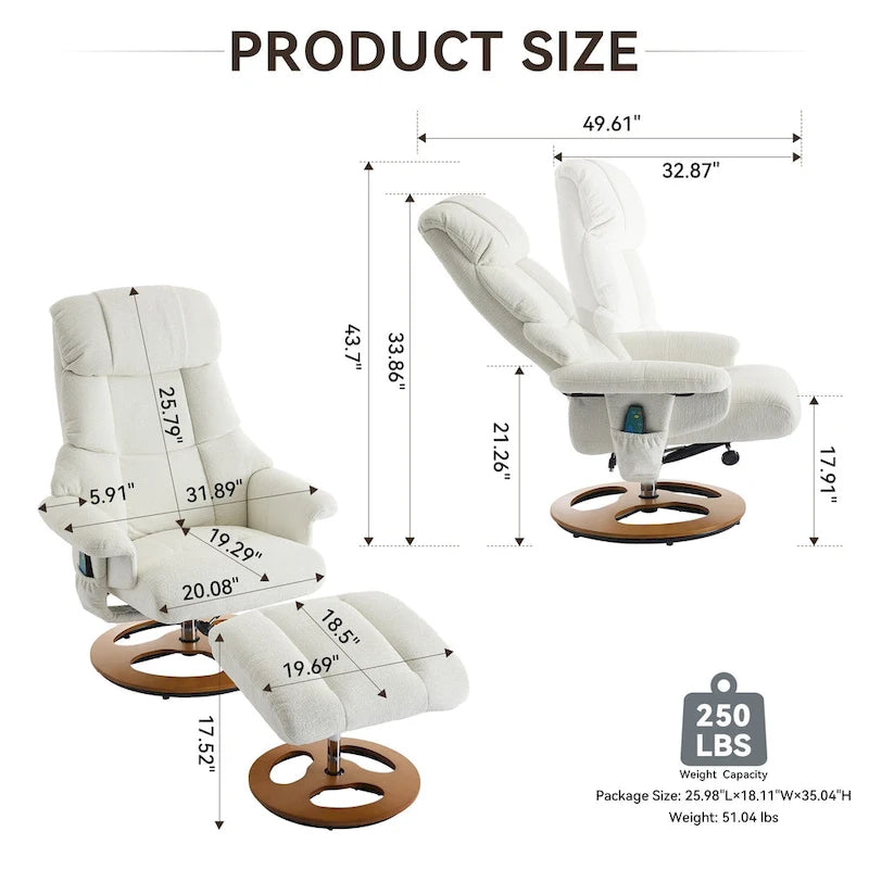 Chenille 360 Swivel Massage Recliner Chair with Ottoman, Massage and Heated Seat
