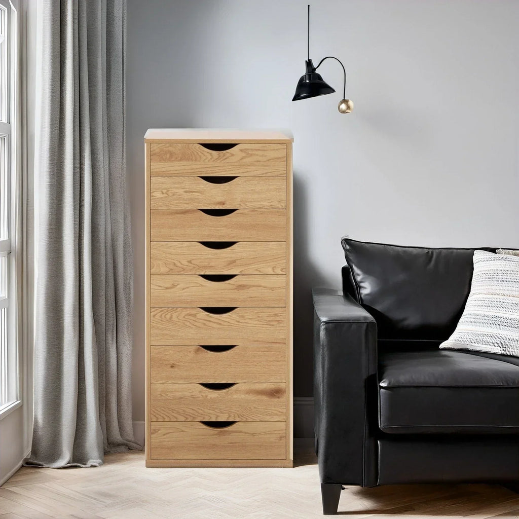 Narrow Wooden 9-Drawer Cabinet with Smooth-Glide Drawers and Top Storage Shelf