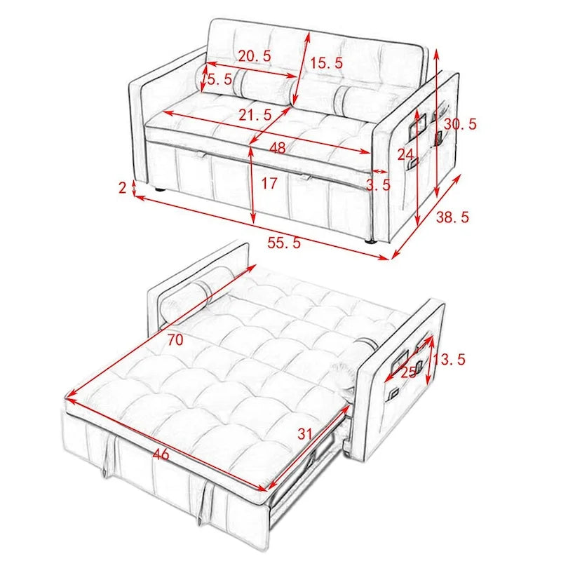 Velvet Multi-Functional Pull-Out Sofa Bed Adjustable Reclining Backrest With Pillows - N/A