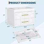 Modern Floating Bathroom Vanity Set with Basin - Wall-Mounted Cabinet with Soft-Close Storage Drawer and Gold Handle, 24 or 30 Size
