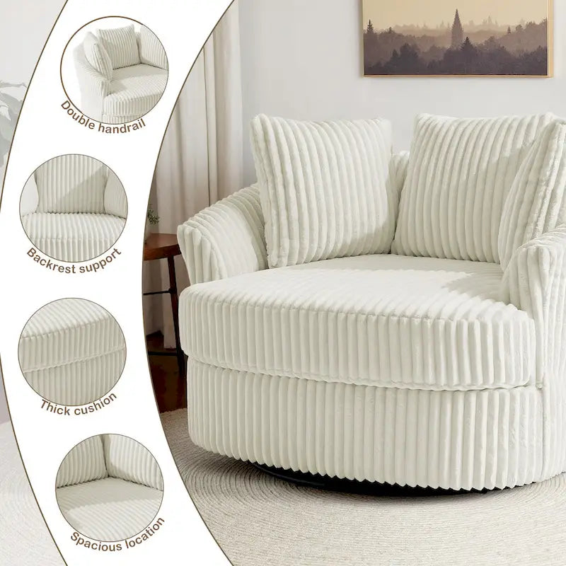 2 Set Oversized 43 W Plush Corduroy Swivel Barrel Chair with Pillows