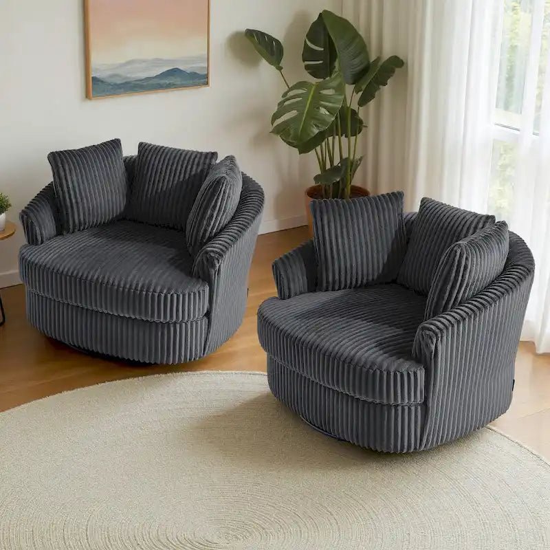 2 Set Oversized 43 W Plush Corduroy Swivel Barrel Chair with Pillows