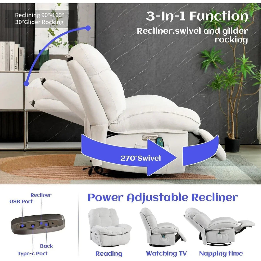 XINMICS Swivel Power Recliner Chair, Massage Rocker Recliners with Heated ,USB, USB-C and Side Pocket