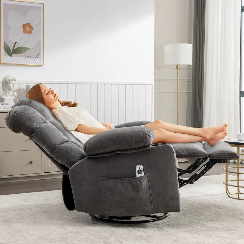 Grey Oversized Recliner with Heat and Massage, 150 Recline, 30 Rocking, USB Charging, and 2 Cup Holders