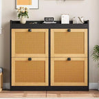 Shoe Storage Cabinet with 4 Flip Drawers, Wood Shoe Cabinet with Rattan Doors and Adjustable Shelves- Freestanding Shoe Organizer