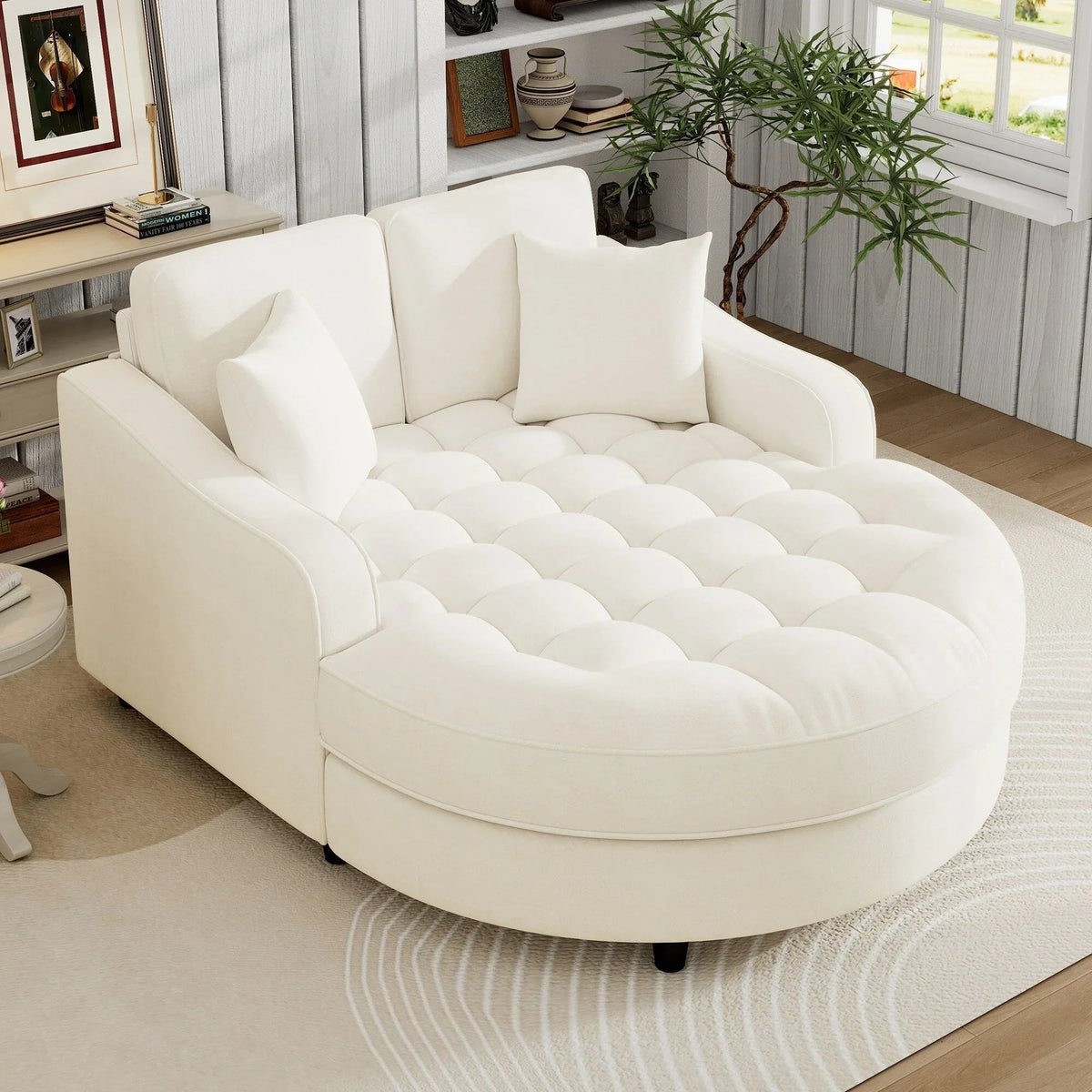 Chenille Chaise Lounge Sofa Bed, Upholstered Sofa Couch with Tufted Backrest and 2 Detachable Pillows for Living Room