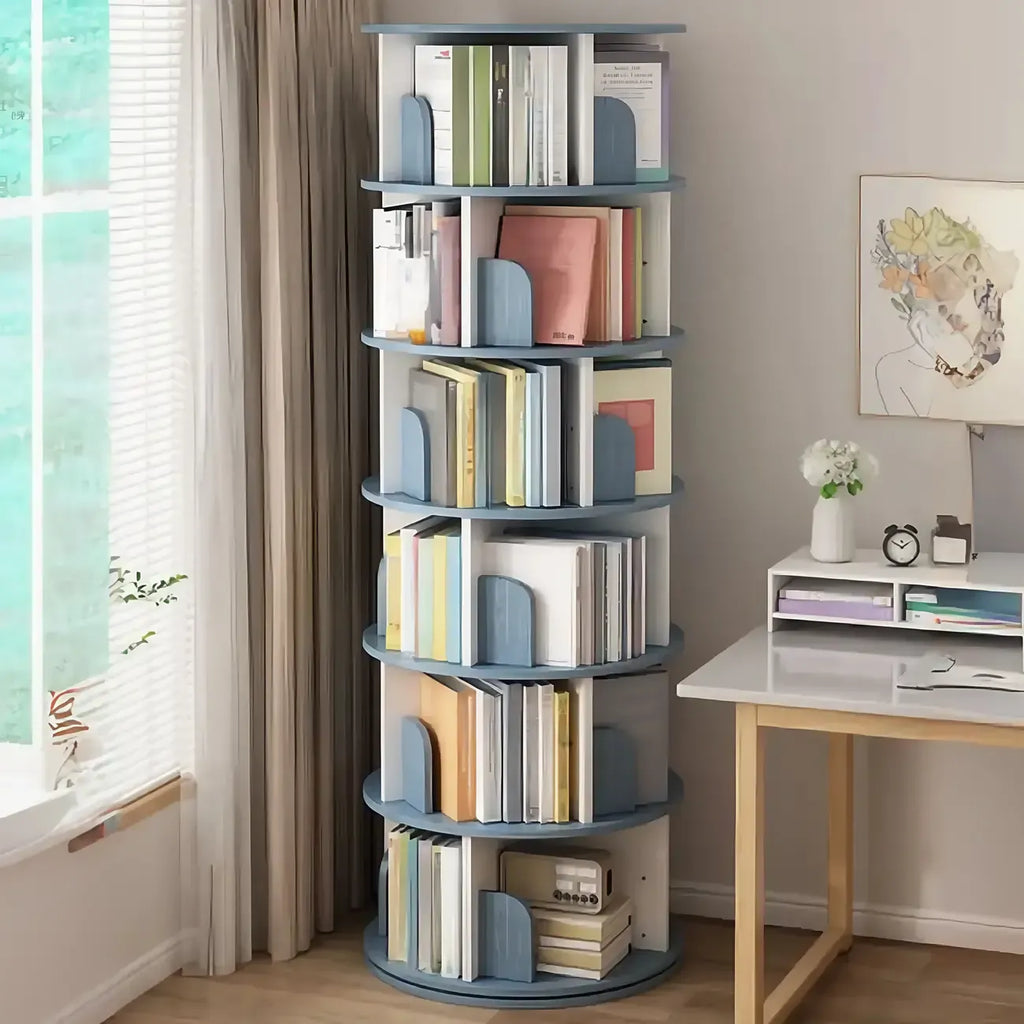 Brown Cylindrical Wooden Rotating Open-Back Bookcase