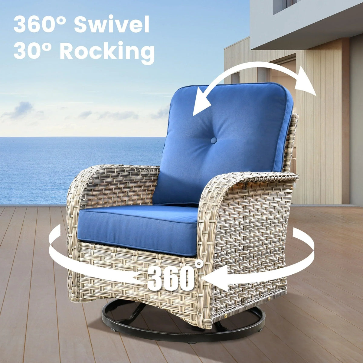 OVIOS 9 Pieces Outdoor Wicker Swivel Chair Set With Fire Table