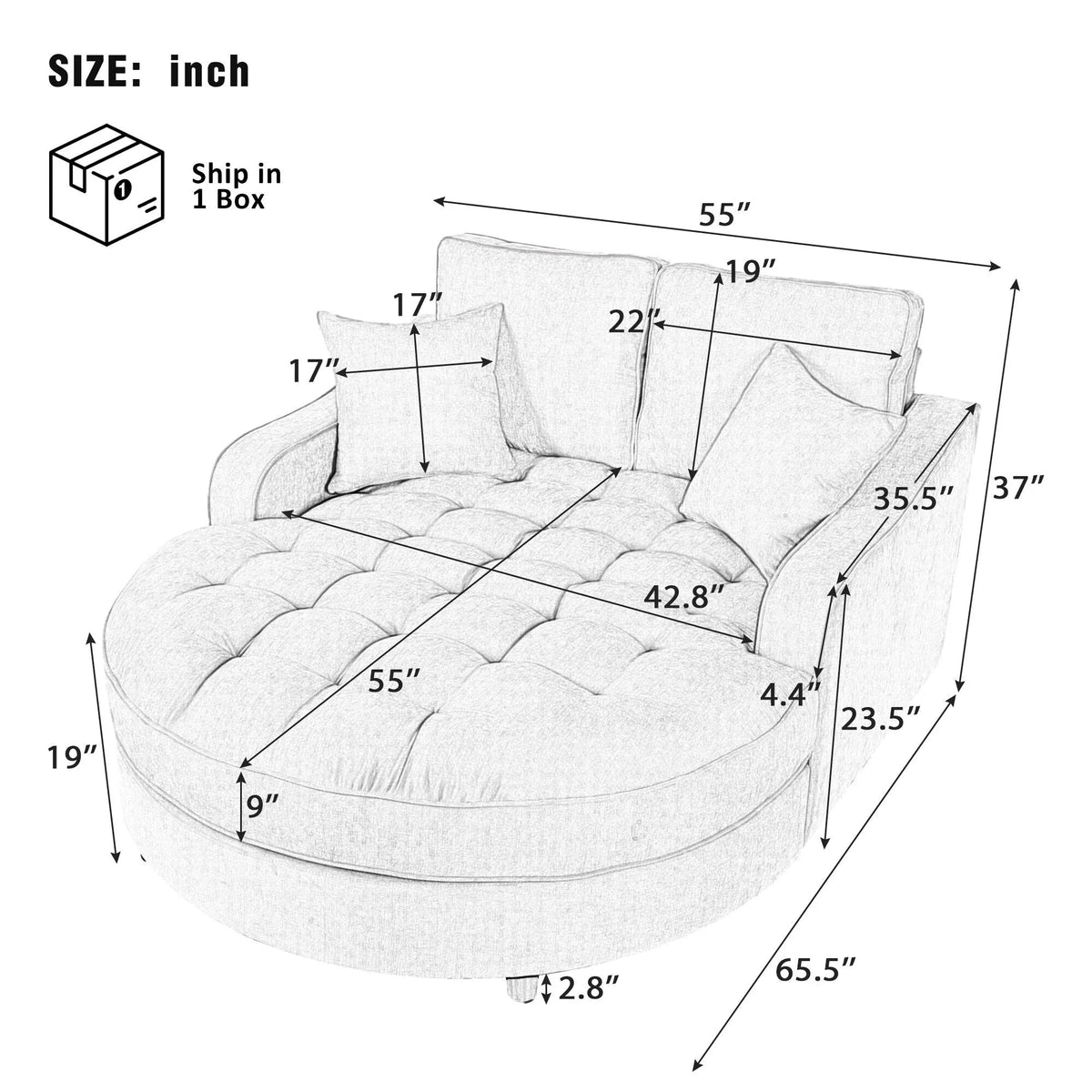 Chenille Chaise Lounge Sofa Bed, Upholstered Sofa Couch with Tufted Backrest and 2 Detachable Pillows for Living Room