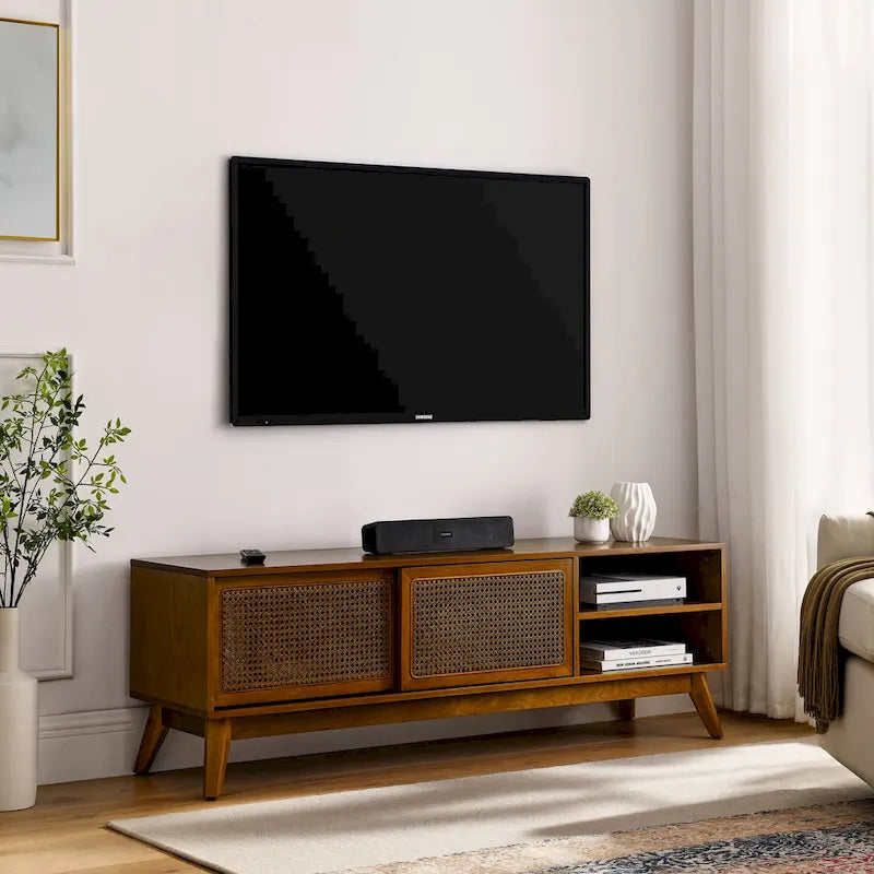 Vintage Rattan TV Cabinet with 2 Storage Cabinets and 4 Wooden Legs for Living Room Bedroom and Office