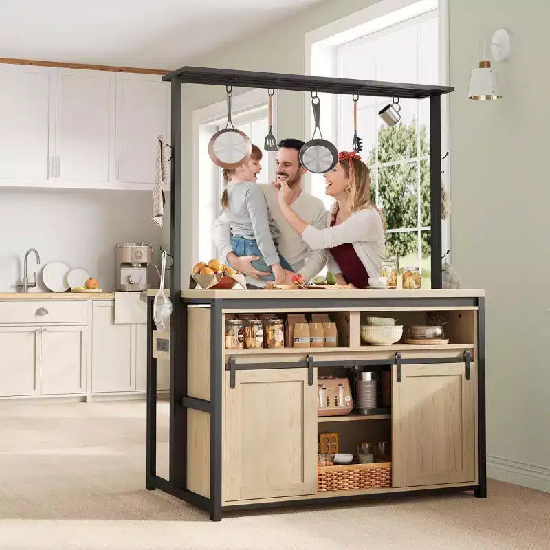 Kitchen Island , Bakers Rack with Sliding Barn Door 42 Large Kitchen Island Table with 3-Tier Microwave Stand Oven Shelves Coffee Bar Table Set